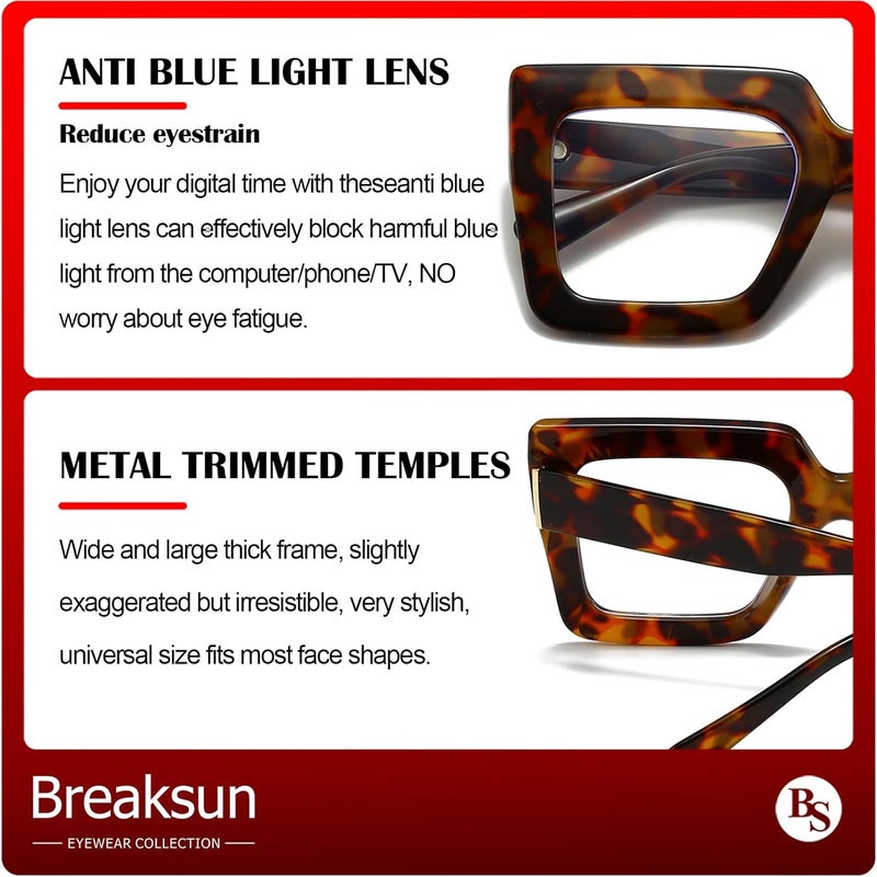 Breaksun Oversized Blue Light Glasses for Women Fashion Thick Square Computer Eyewear Non-Prescription Black Glasses (Brown Tortoise) - Image 4
